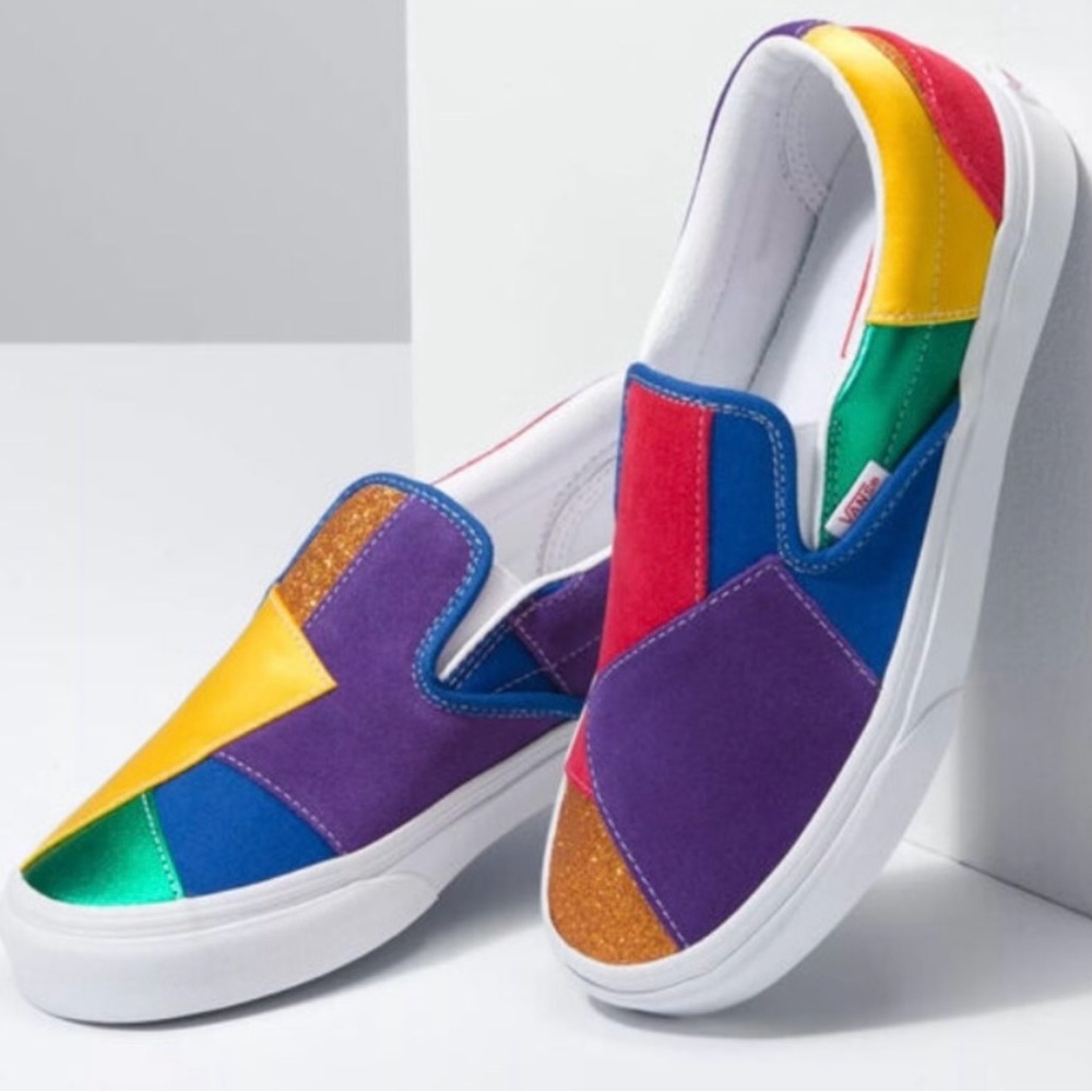 Vans x Pride Patchwork Slip On Satin, Leather, Glitter Sneakers Size 10